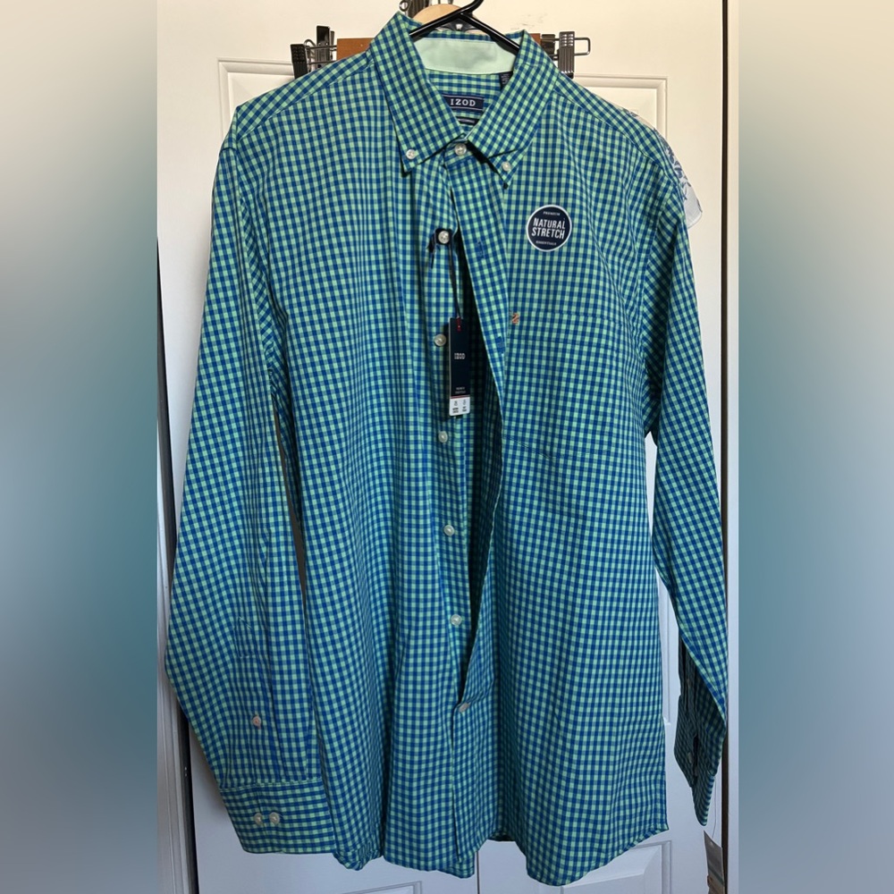 Izod Green and White Checkered Casual Button Down Shirt